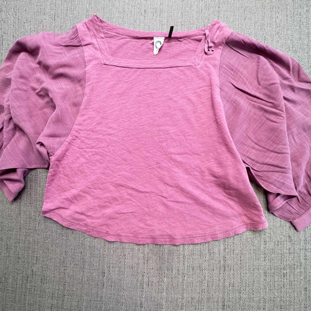 Anthropologie Pink Slub Knit Square Neck Balloon Sleeve Top Medium Boho